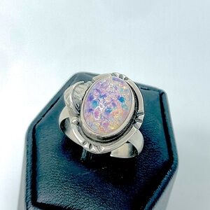 Vtg 925 Sterling Silver Pink Faux Opal Southwestern Leaf Design Ring Sz 9 / 6.2g